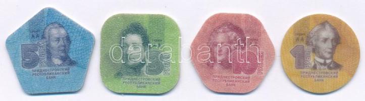 Dnyeszter-menti Köztársaság 2014. 1R + 3R + 5R + 10R. A Dnyeszter-menti Köztársaság Moldova keleti részén, a Dnyeszter folyó mentén helyezkedik el; egy, az ott élő orosz lakosság által kikiáltott, nemzetközileg el nem ismert szakadár államalakulat. A kezdeti időszakban a forgalomban lévő szovjet, majd orosz bankjegyeket felülbélyegezték, később azonban áttértek saját bankjegyek kibocsátására az aprópénzt, a kopejkát pedig szerződéses alapon verették Lengyelországban. Ez diplomáciai feszültséget okozott Moldova és Lengyelország között, majd 2004-ben az ukrán hatóságok lefoglaltak egy nagy értékű érmeszállítmányt. Az egyre fokozódó politikai nyomás hatására a lengyel pénzverde végül felmondta az együttműködést. Ennek következményeként 2005-ben pénzverde nyílt Tiraszpolban, amely azóta is a helyi pénzkibocsátás központjaként működik. 2014-ben a legkisebb címletű bankjegyek helyettesítésére bevezették a világ első, hivatalos fizetőeszközként használt műanyag érmesorozatát. Az érmék korszerű polikarbonátból készültek, rendkívül tartósak és szinte törhetetlenek. Az egyes címletek eltérő formája és színe nemcsak a könnyebb azonosítást segíti, hanem a hamisítás elleni védelmet is. T:UNC  Transnistria 2014. 1 Rouble + 3 Roubles + 5 Roubles + 10 Roubles. The Transnistrian Republic is located in eastern Moldova, along the Dniester River; it is an internationally unrecognized breakaway state proclaimed by the Russian population living there. In the early period, the Soviet and then Russian banknotes in circulation were overstamped, but later they switched to issuing their own banknotes, the small notes, and the kopeck was minted in Poland on a contractual basis. This caused diplomatic tension between Moldova and Poland, and in 2004, the Ukrainian authorities seized a large shipment of coins. As a result of the increasing political pressure, the Polish mint finally terminated the cooperation. As a result, a mint was opened in Tiraspol in 2005, which has been the center of local money issuance ever since. In 2014, the world's first series of plastic coins used as official currency was introduced to replace the smallest denomination banknotes. The coins are made of advanced polycarbonate, making them extremely durable and virtually unbreakable. The different shapes and colors of each denomination not only help with identification, but also protect against counterfeiting. C:UNC