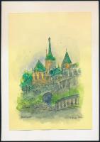 Stefan Grecu (-): Halászbástya, Budapest. Akvarell, tus, papír, jelzett, lap teteje kartonra kasírozva, 21x15 cm