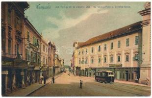 1911 Temesvár, Timisoara; Szent György tér és Zápolya utca, villamos, Maison Lechner, Müller Péter üzlete, szálloda / square, street, tram, palace, shops, hotel (EB)