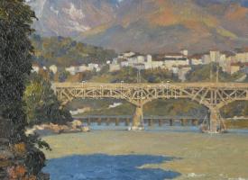 Hans Printz (1865-1925), Austrian painter: Vízparti város. Olaj, vászon, jelezve balra lent (keret á...