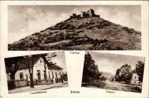 1939 Torna, Turna nad Bodvou, Turnau; vasútállomás, Fő utca, várrom. Özv. Glanc Lipótné kiadása / railway station, castle, main street (EB)