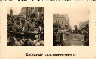 1940 Kolozsvár, Cluj; bevonulás szeptember 11-én, katonák, horogkeresztes zászló, automobil / entry of the Hungarian troops, soldiers, Nazi swastika flag, automobile. photo (EK)