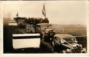 1938 Losonc, Lucenec; bevonulás, automobil, teherautó, határ / entry of the Hungarian troops, automobile, truck, border. photo + "1938 Losonc visszatért" So. Stpl (EK)