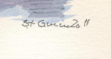 Stefan Grecu (-): Parlament, Budapest. Akvarell, tus, papír, jelzett, kartonra kasírozva, 15,5x23,5 ...