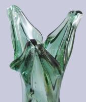 Zöld cseh hutaüveg váza. Anyagában színezett, hibátlan 47 cm