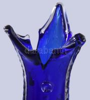 Kék hutaüveg váza, jelzés nélkül, hibátlan, m: 38 cm