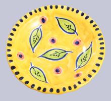 Kínáló naiv mintákkal mázas kerámia, hibátlan d: 22 cm