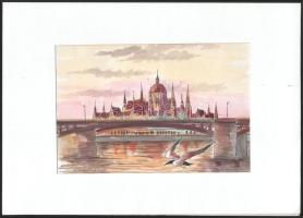 Stefan Grecu (-): Parlament, Duna, Budapest. Akvarell, tus, papír, jelzett, paszpartuban, 15x22,5 cm