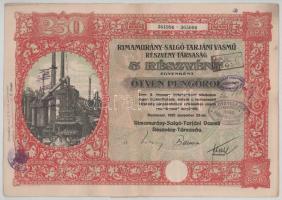 1925. Budapest "Rimamurány-Salgó-Tarjáni Vasmű Részvény-Társaság" 5db részvénye egyben, egyenként 50P-ről "364996-365000", szárazpecséttel, bélyegzésekkel, szelvényekkel T:F
