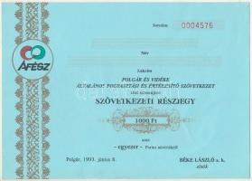 1993. Polgár "Polgár és Vidéke Általános Fogyasztási és Értékesítő Szövetkezet" kitöltetlen szövetkezeti részjegy 1000Ft-ról T:AU