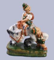 Szécsi szamarat toló gyermek Mázas kerámia szobor, jelzett, kis lepattanással 16x20 cm