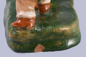 Szécsi szamarat toló gyermek Mázas kerámia szobor, jelzett, kis lepattanással 16x20 cm