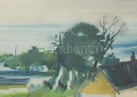 Szalóky Sándor (1921-1978): Balatoni hangulat. Akvarell, papír, jelezve jobbra lent, hátoldalán Képc...