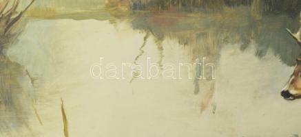 Péntek Éva (1936-2025): Őzike (vadászat témájú festmény). Olaj, farost, jelzett, fakeretben, 30×60 c...