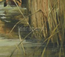 Péntek Éva (1936-2025): Őzike (vadászat témájú festmény). Olaj, farost, jelzett, fakeretben, 30×60 c...