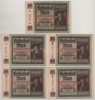 Német Birodalom 1922. 5000M (5x) T:VF,F szép papír
Germany 1922. 5000 Mark (5x) C:VF,F fine paper
...