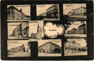 Versec, Werschetz, Vrsac; Mozaiklap: Községi elemi leányiskola, Városház tér, Városháza, M. Kir., Főreáliskola, római katolikus templom, pályauvar, vasútállomás, Frisch palota, Bernátoky-féle ház, községi elemi fiúiskola. Gábor Lajos kiadása / multi-view postcard: school, town hall, church, railway station, palace. Art Nouveau (Rb)