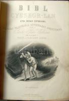 Igazi különlegesség: Wales-i nyelvű nagyméretű  metodista biblia: Bibl Cyssegr-lan, William Mackenzie, LLynlefiad, 1868, rengeteg rézmetszettel, térképpel, dombornyomott, aranyozott egészbőr kötésben (gerinc elvált, de jó állapotban) / Welsh language bible with many nice etchings and maps from 1868, good condition 28x35 cm