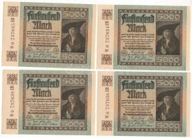 Német Birodalom 1922. 5000M (4x) sorszámkövetők "W * 737634 UB - W * 757638 UB" T:XF
Germ...