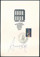 1982 Amerigo Tot (1909-1984) szobrászművész aláírása a Vigadó Galériában rendezett kiállításának emléklapján, alkalmi bélyegzéssel