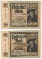 Német Birodalom 1922. 5000M (2x) sorszámkövetők "Q 236687 RH - Q 236688 RH" T:XF,VF Germany 1922. 5000 Mark (2x) consecutive serials "Q 236687 RH - Q 236688 RH" C:XF,VF Krause P#81