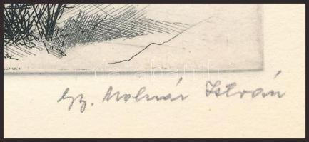 Gy. Molnár István (1933-2010): Téli táj (háttérben Szentendre?). Rézkarc, papír, jelzett, 14×9,5 cm