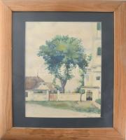 Pál Károly jelzéssel: Falurészlet templommal, 1933. Akvarell, papír, üvegezett fakeretben, 39,5×30 cm