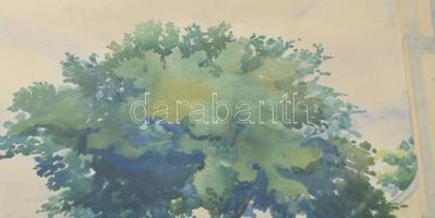 Pál Károly jelzéssel: Falurészlet templommal, 1933. Akvarell, papír, üvegezett fakeretben, 39,5×30 c...