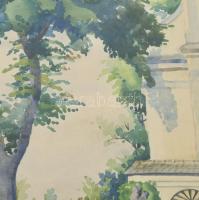 Pál Károly jelzéssel: Falurészlet templommal, 1933. Akvarell, papír, üvegezett fakeretben, 39,5×30 c...