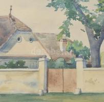Pál Károly jelzéssel: Falurészlet templommal, 1933. Akvarell, papír, üvegezett fakeretben, 39,5×30 c...