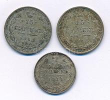 Orosz Birodalom 1914. 10k Ag + 1914. 15k Ag + 1915. 15k Ag T:XF,VF patina Russian Empire 1914. 10 Kopecks Ag + 1914. 15 Kopecks Ag + 1915. 15 Kopecks Ag C:XF,VF patina