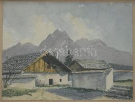 Olvashatatlan jelzéssel: Passau környéki táj, 1938. Akvarell, papír, üvegezett fakeretben, 10×12 cm