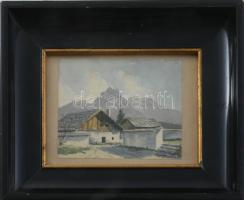 Olvashatatlan jelzéssel: Passau környéki táj, 1938. Akvarell, papír, üvegezett fakeretben, 10×12 cm