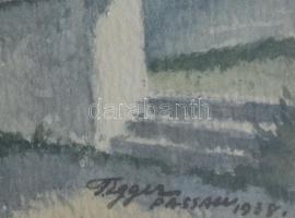 Olvashatatlan jelzéssel: Passau környéki táj, 1938. Akvarell, papír, üvegezett fakeretben, 10×12 cm