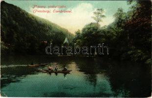 1910 Pozsony, Pressburg, Bratislava; Vaskutacska, csónakázók / Eisenbrünnel (Eisenbründl) / Zelezná Studienka / spa, lake with rowing boats (EK)