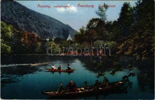 1911 Pozsony, Pressburg, Bratislava; Vaskutacska, csónakázók / Eisenbrünnel (Eisenbründl) / Zelezná Studienka / spa, lake with rowing boats (fa)