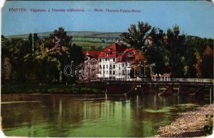 1914 Pöstyén, Piestany; Vág részlet a Thermia szállodával, híd. Fuchs Margit kiadása / Váh riverside with hotel and bridge (EM)
