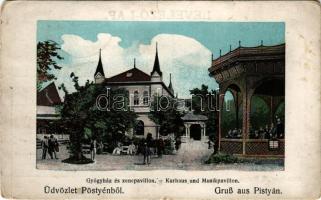 1919 Pöstyén, Piestany; Gyógyház és zenepavilon zenekarral. Gipsz H. kiadása / Kurhaus und Musikpavillon / spa hall and music pavilion with musicians (b)
