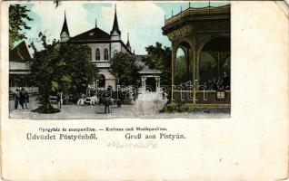 1912 Pöstyén, Piestany; Gyógyház és zenepavilon zenekarral. Gipsz H. kiadása / Kurhaus und Musikpavillon / spa hall and music pavilion with musicians (EM)