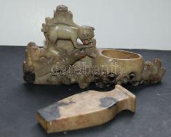 2 db régi faragott márvány dísz: váza, inni készülő madár és majom / 2 carved marble ornament 9, 15 cm