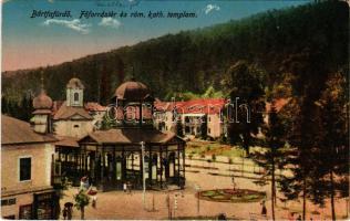 1917 Bártfa, Bártfafürdő, Bardejovské Kúpele, Bardiov, Bardejov; Főforrás tér és római katolikus templom, Eschwig üzlete. Rosenfeld Salamon kiadása / spa, Catholic church, shop (EK)