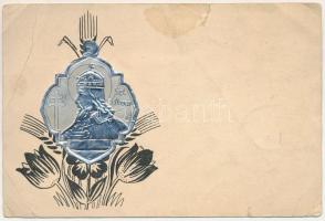 Szent István. Irredenta művészlap. Szeiler féle Patent fémplaketten. Szeiler József dombornyomása / Hungarian irredenta art postcard. Emb. metallic King Stephen of Hungary (szakadás / tear)