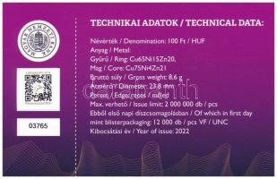 2022. 100Ft "Magyar Pénzmúzeum és Látogatóközpont" első napi veret sorszámozott emléklapon...