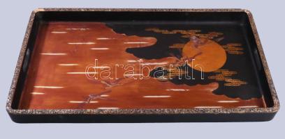 Japán lakkozott fa reggeliző tálca. Kézzel festett, régi kisebb kopásokkal 52x28 cm