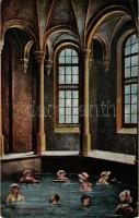 Trencsénteplic, Trencianske Teplice; Sina fürdő, belső fürdőzőkkel. Wertheim Zsigmond kiadása / Sina-Bad / spa, bathhouse interior with bathers