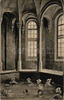 Trencsénteplic, Trencianske Teplice; Sina fürdő, belső fürdőzőkkel. Wertheim Zsigmond kiadása / Sina-Bad / spa, bathhouse interior with bathers
