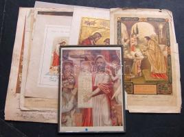 Vallási tétel: benne lithok, egy keretezett kép 24x18 cm, szentképek, oklevelek, stb