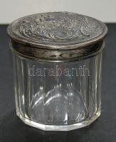 Grófi címeres ezüstözött réz fedelű üveg tégely / Silver-plated alpacca and glass box 8 cm