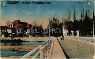 Pöstyén, Piestany; Vág részlet a híddal. Vasúti levelezőlapárusítás / Váh riverside, bridge (lyukak / pinholes)