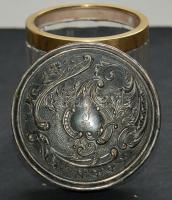 Grófi címeres ezüstözött réz fedelű üveg tégely / Silver-plated alpacca and glass box 8 cm